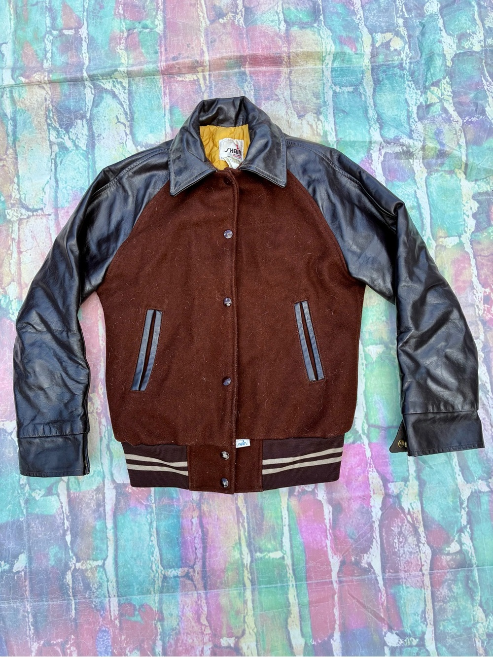 Vintage Brown Wool & Black Leather Sleeve Bomber Jacket - Unbranded
